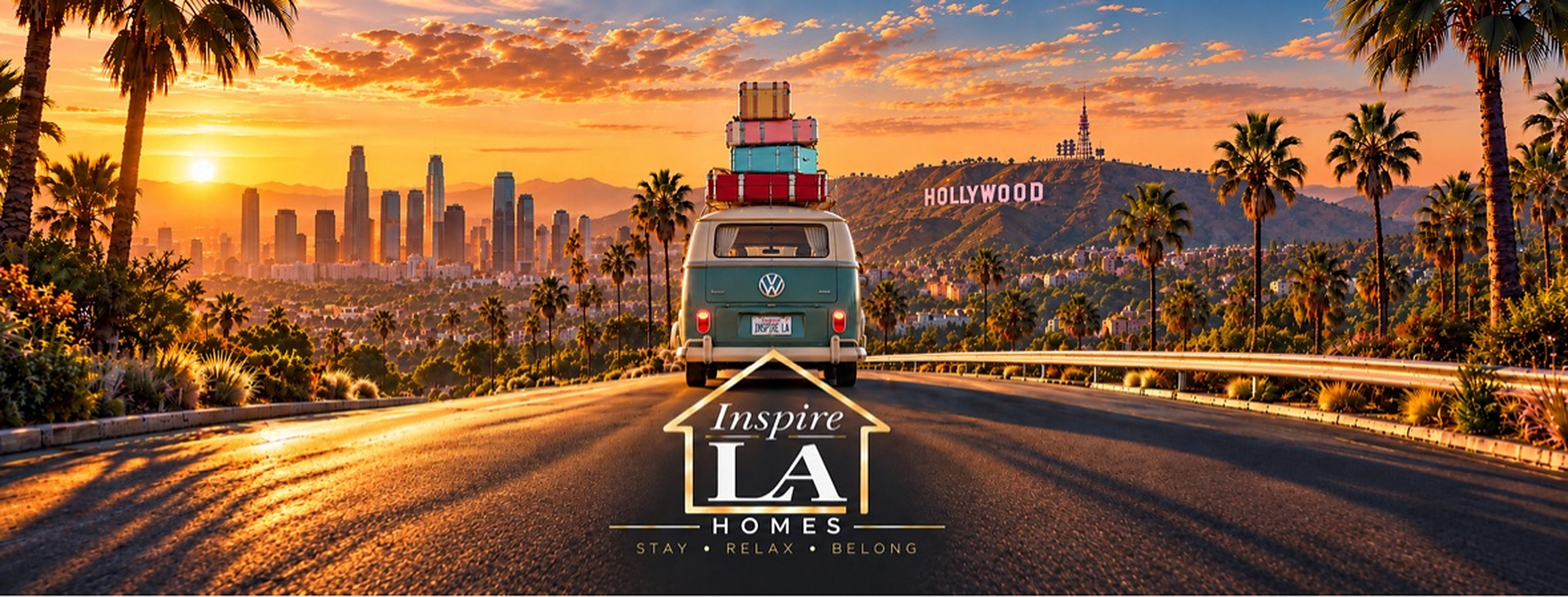 Vintage camper van carrying colorful luggage toward the Los Angeles skyline and Hollywood sign at sunset, with the Inspire LA Homes mark