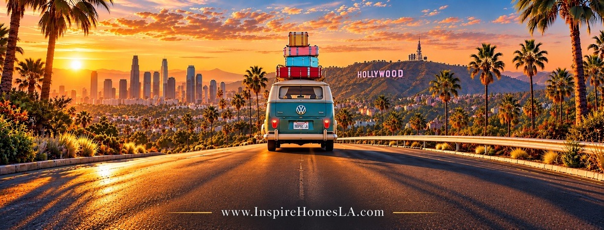 Vintage van stacked with colorful luggage driving toward the Los Angeles skyline and Hollywood sign at sunset — www.InspireHomesLA.com